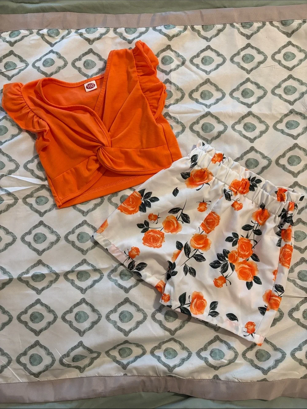 Girls Toddler High-Waist Floral Shorts with Orange Crop Top